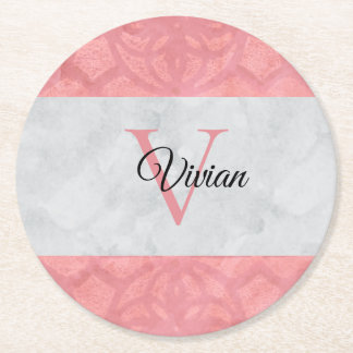 Dessous De Verre Rond Batik Rose Ruddy Et Aquarelle Gris Monogramme