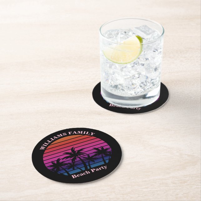 Dessous De Verre Rond Beach Party Tropical Sunset Palm Trees Black (En situation)