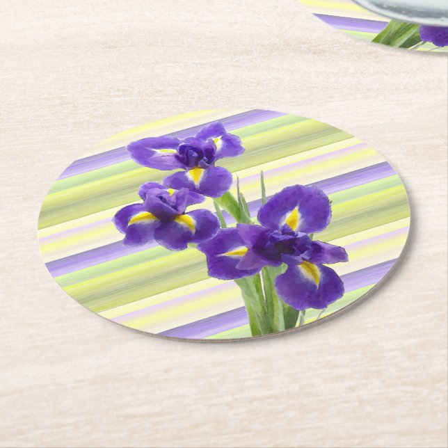 Dessous De Verre Rond Beau violet Iris Aquarelle Motif (Incliné)