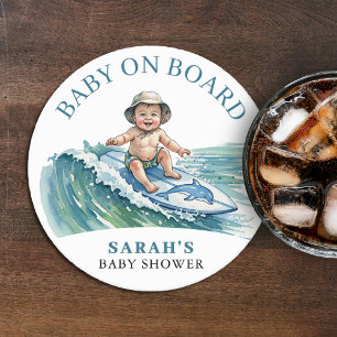 Dessous De Verre Rond Bébé à bord Baby shower de surf aquarelle