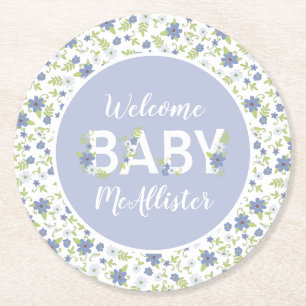 Dessous De Verre Rond Bébé en Fleur Douche Bleu Fleurs Vintages Garçon