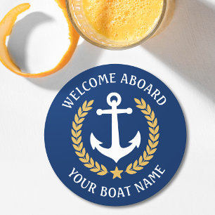 Dessous De Verre Rond Bienvenue à bord Nom du bateau Ancre Gold Laurel M