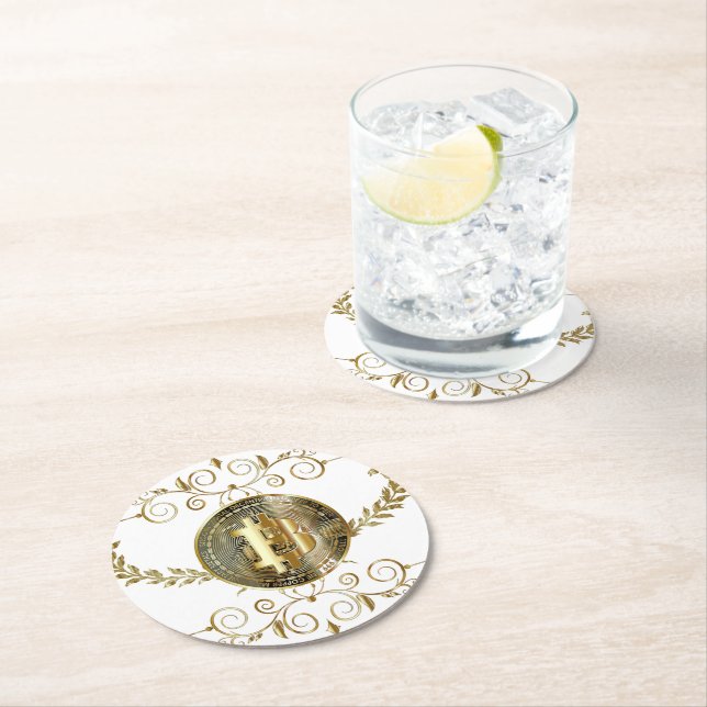 Dessous De Verre Rond Bitcoin Gold Coin Crypto argent blanc (En situation)