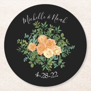 Dessous De Verre Rond Black & Peach Mariage Floral moderne