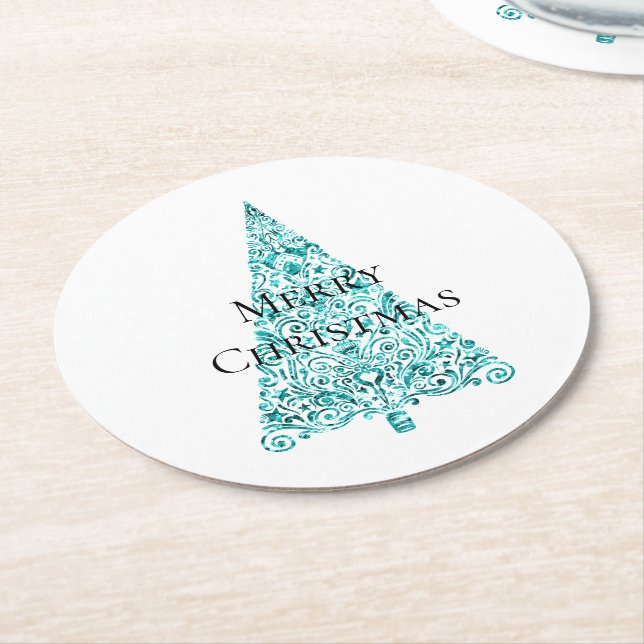 Dessous De Verre Rond Blanc Aqua Bleu sapin de Noël (Incliné)