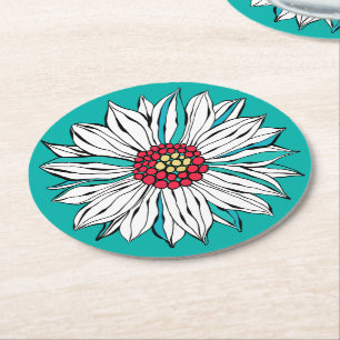 Dessous De Verre Rond Blanc Turquoise jaune Fleur marguerite ronde