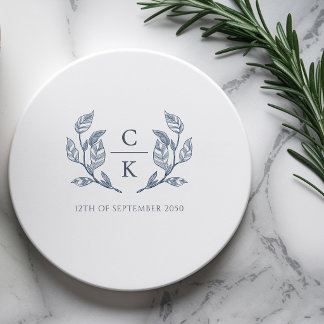 Dessous De Verre Rond Blason de monogramme élégant Toile de mariage bleu