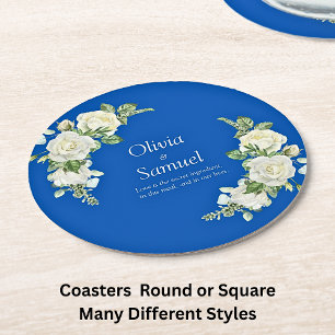Dessous De Verre Rond Bleu de cobalt et roses blanches  
