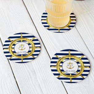 Dessous De Verre Rond Bleu de la marine et Mariage nautique d'or