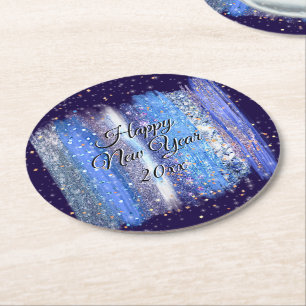 Dessous De Verre Rond Bleu Frosty Brush Strokes Joyeux Nouvel An 20xx Sq