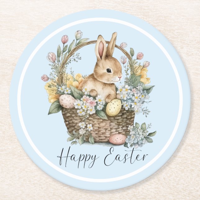 Dessous De Verre Rond Bleu Joyeux lapin de Pâques (Devant)