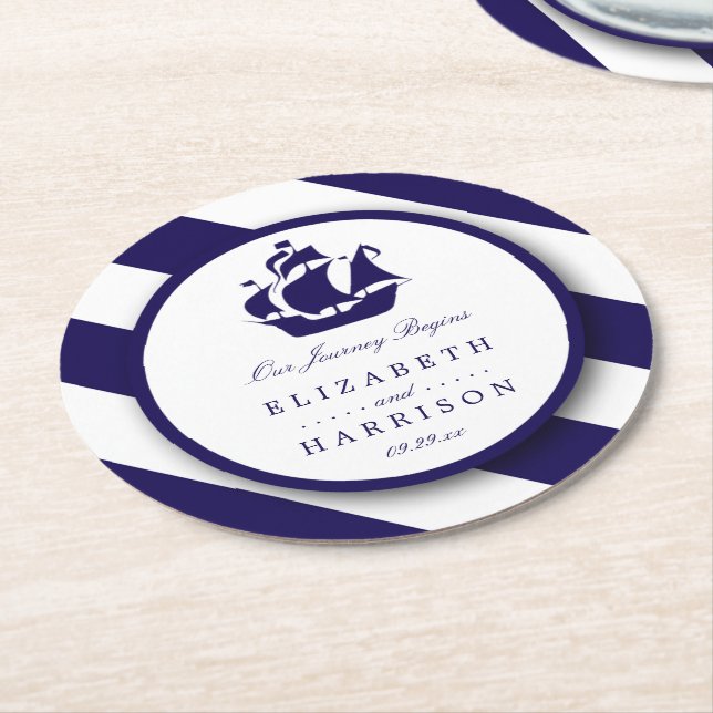 Dessous De Verre Rond Bleu Mariage de navire marine (Incliné)