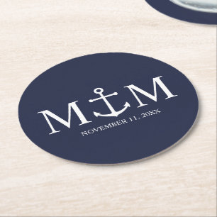 Dessous De Verre Rond Bleu marine Ancre Mariage rond Coas