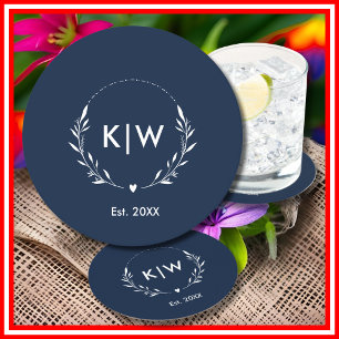 Dessous De Verre Rond Bleu marine et blanc Monogramme initiales modern