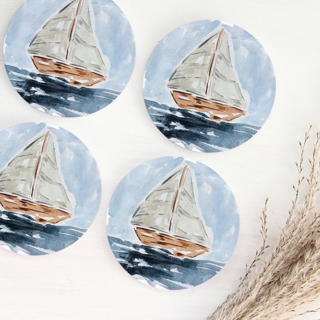 Dessous De Verre Rond Bleu Nautique Aquarelle Voilier (Créateur téléchargé)