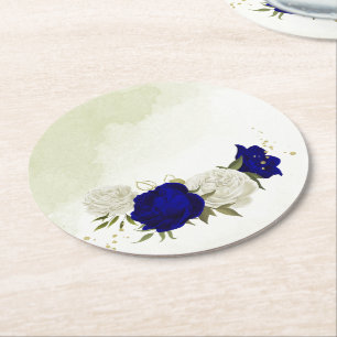 Dessous De Verre Rond bleu royal et fleurs blanches mariage