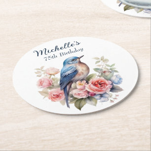 Dessous De Verre Rond Blue Bird Rose Fleurs 75e anniversaire
