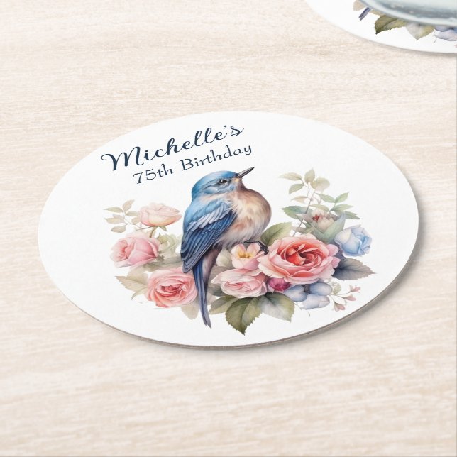 Dessous De Verre Rond Blue Bird Rose Fleurs 75e anniversaire (Incliné)