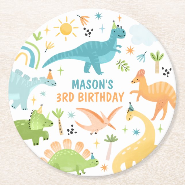 Dessous De Verre Rond Blue Dinosaur fête d'anniversaire (Devant)