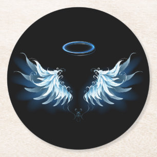 Dessous De Verre Rond Blue Glowing Angel Wings on black background