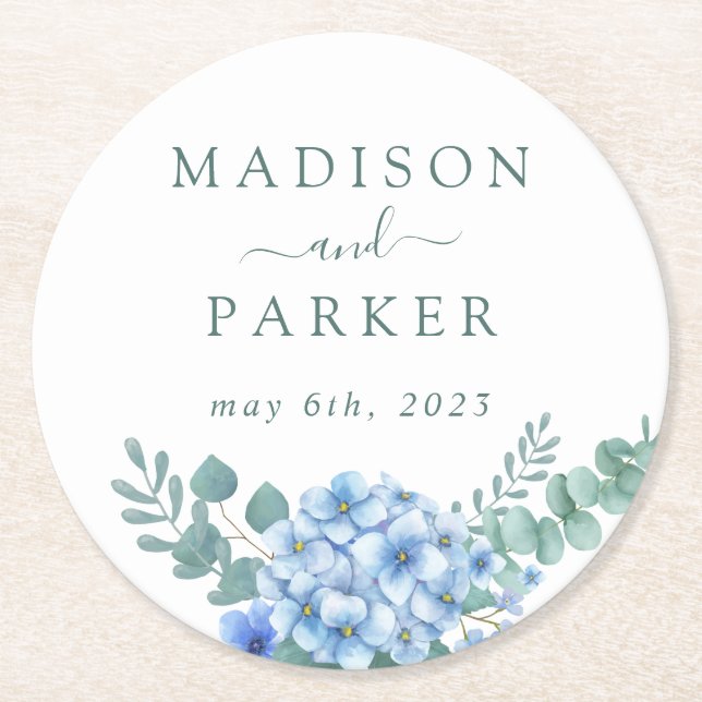 Dessous De Verre Rond Blue Hydrangea Floral Mariage (Devant)