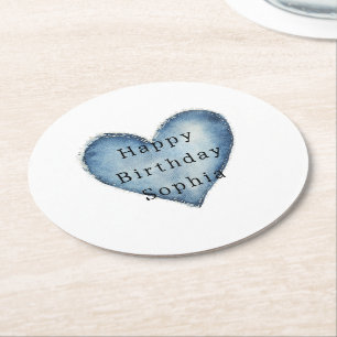 Dessous De Verre Rond Blue Jean Denim Coeur Anniversaire