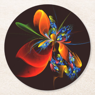 Dessous De Verre Rond Blue Orange Floral Moderne Art Abstrait Motif #03