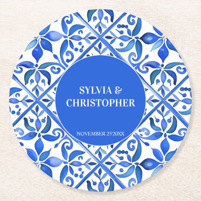 Dessous De Verre Rond Blue Talavera espagnol tuiles monogramme mariage (Devant)