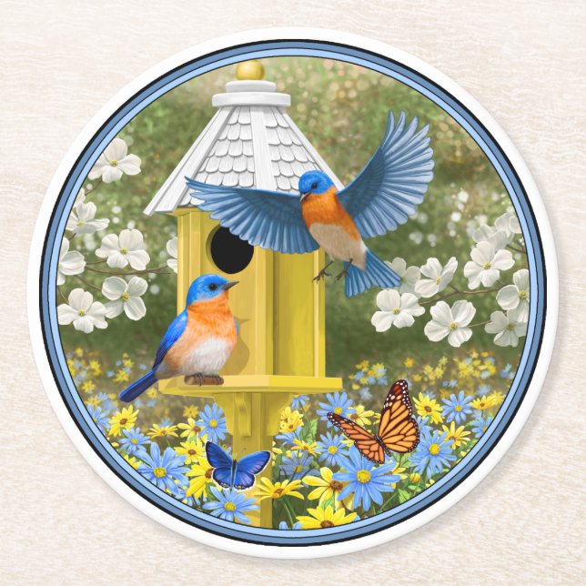 Dessous De Verre Rond Bluebirds et Tall Yellow Birhouse (Devant)