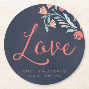 Dessous De Verre Rond Bluish Chalkboard Floral Love Mariage