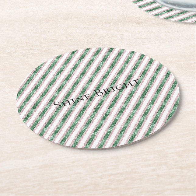 Dessous De Verre Rond Blush Pink Green Glitter Stripes Christmas   (Incliné)