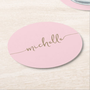 Dessous De Verre Rond Blush Rose Or Monogramme Nom Écriture Signature