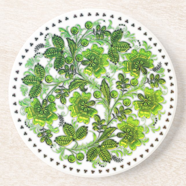 Dessous de verre rond bohème à motif fleur verte (Devant)