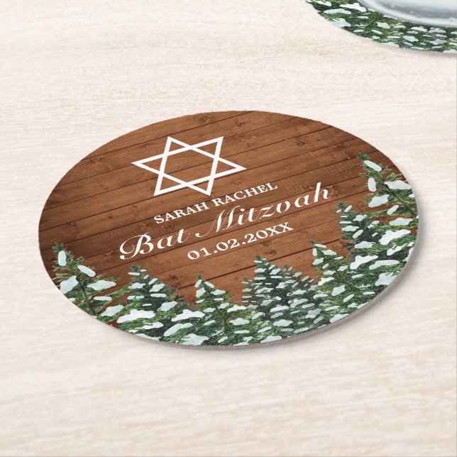 Dessous De Verre Rond Bois neigeux & Forêt Bar à pin rural Bat mitzvah (Incliné)