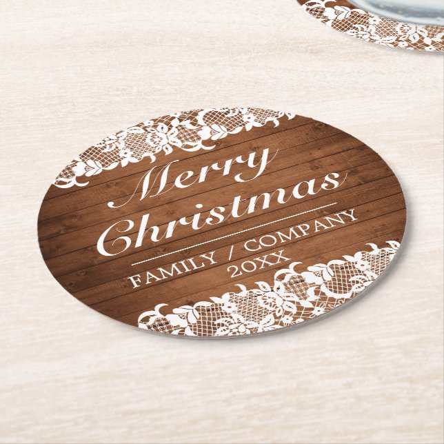 Dessous De Verre Rond Bois rustique & dentelle blanche Joyeux Noël (Incliné)