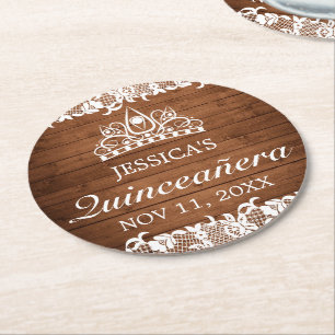 Dessous De Verre Rond Bois rustique & dentelle blanche Tiara Quinceanera