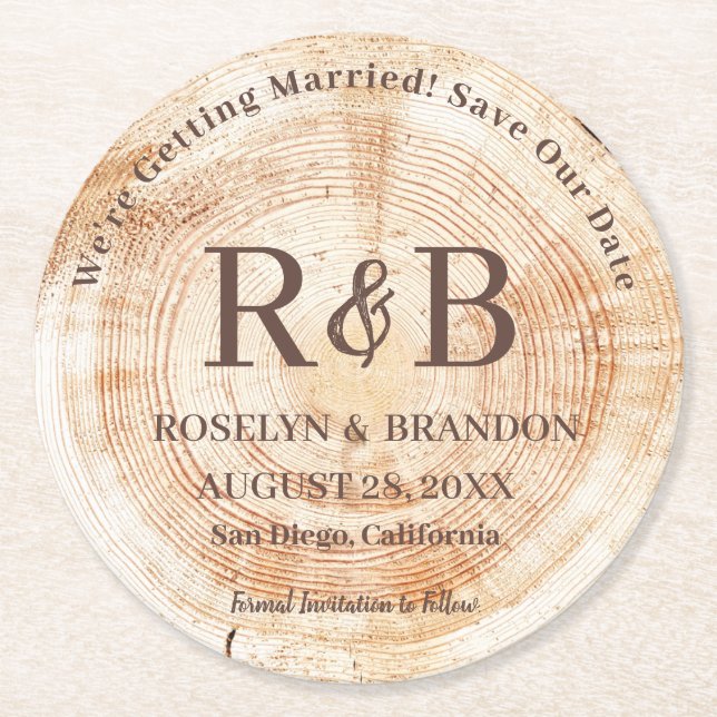 Dessous De Verre Rond Bois Rustique Mariage Monogrammes noms Enregistrer (Devant)