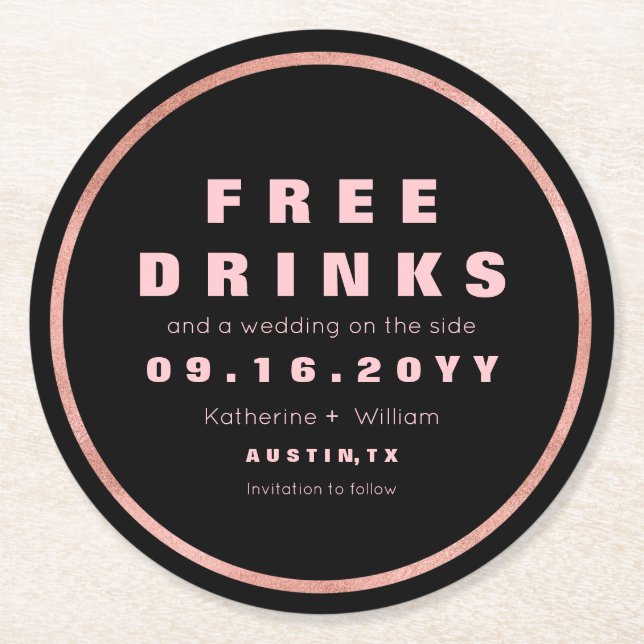 Dessous De Verre Rond Boissons Gratuites Amusantes Sauvez La Date Rose G (Devant)