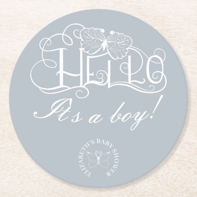 Dessous De Verre Rond Bonjour baby shower de script décoratif bleu pouss (Devant)