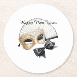 Dessous De Verre Rond Bonne Année Masque Noir Or