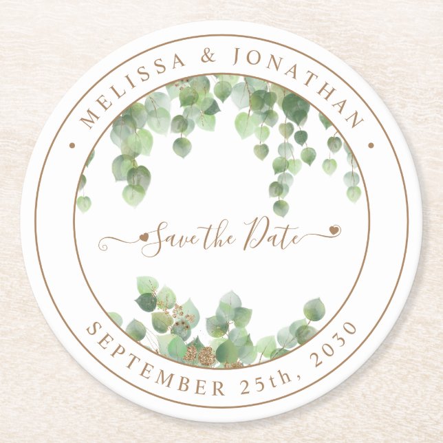 Dessous De Verre Rond Botanique Verdure Or Mariage Enregistrer La Date (Devant)