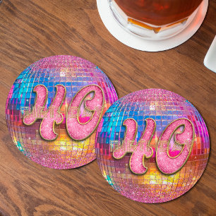 Dessous De Verre Rond Boule disco à paillettes dorées et roses pour 40e