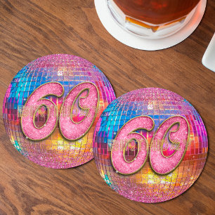 Dessous De Verre Rond Boule disco à paillettes roses dorées pour 60e ann