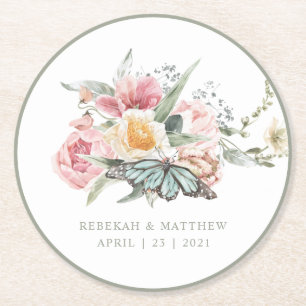 Dessous De Verre Rond Bouquet Spring   Tulipe et papillon aquarelle