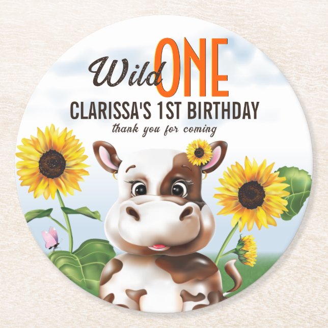 Dessous De Verre Rond Brown vache tournesol fille premier anniversaire (Devant)