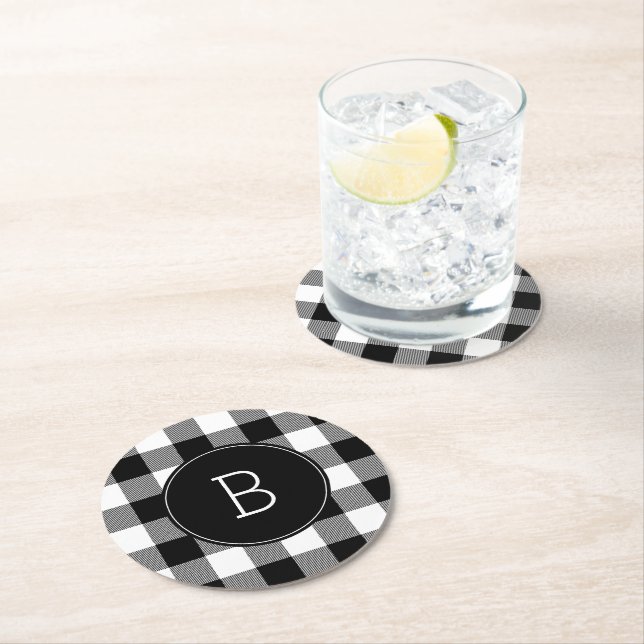 Dessous De Verre Rond Buffle noir et blanc monogramme plaqué (En situation)