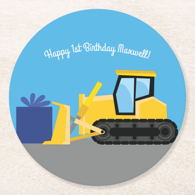 Dessous De Verre Rond Bulldozer Anniversaire de la construction (Devant)