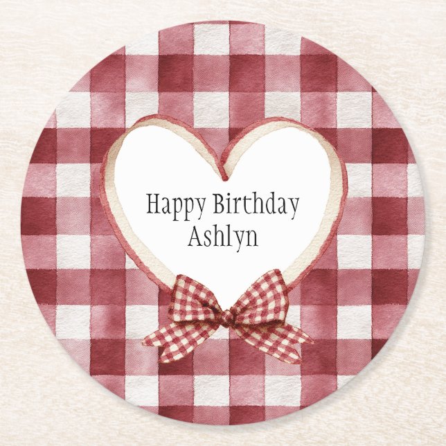 Dessous De Verre Rond Burgundy Red White Heart Ribbon Birthday (Devant)