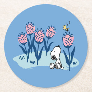 Dessous De Verre Rond cacahuètes   Snoopy & Woodstock Flower Garden