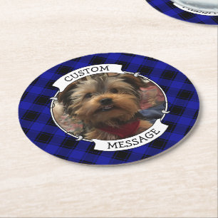 Dessous De Verre Rond Cadre Photo Personnalisé Bleu & Noir Plaid